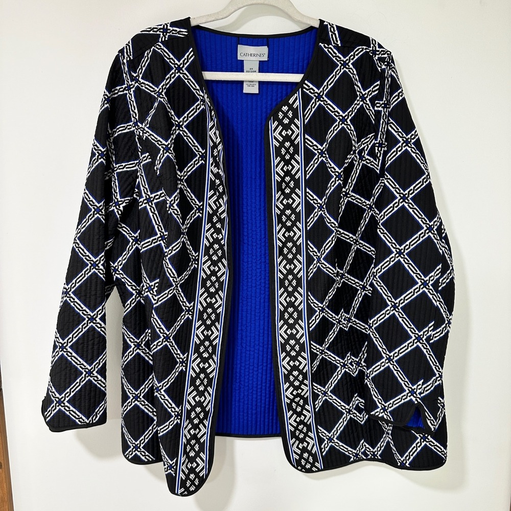 Catherines Womens Jacket 2X Quilted Geometric Diamond Reversible Open Blue Black